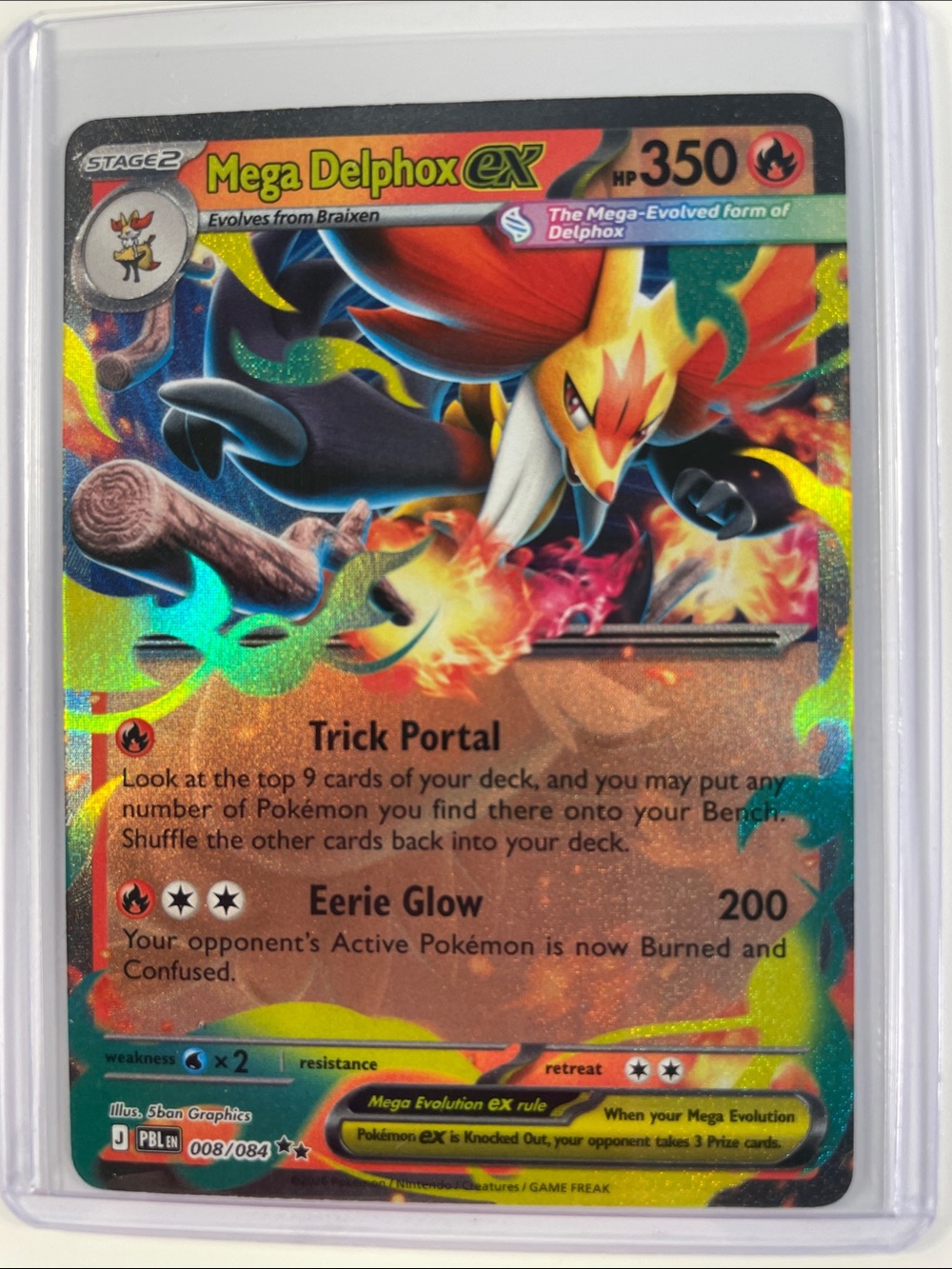 Pokemon Mega Delphox EX Holographic Card - Red, Orange, Yellow, Green, Blue